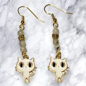 Hand Crafted Earring Cats Tourmaline Quartz Kitty White Butterfly Pierced